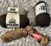 Caron one pound Lot Dark Grey Med Grey & Red Heart Browns Yarn Bundle New 6