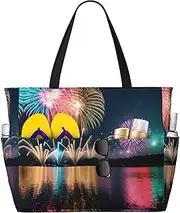 [Ghjkfbf] Fireworks Print Large Capacity Beach Travel Bag For Family, Beach Tote Bag For Women With Zipper Pockets, Black, One Size
