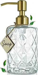 JASAI Diamond Design Glass Soap Dispenser With Golden Pump - Refillable for Kitchen and Bathroom - for Hand Soap, Dish Soap, Lotion