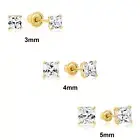 Set of 3! 14K Real Solid Gold Princess-Cut CZ Sleeper Studs Earrings Screw-back
