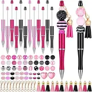 Tinlade 12 Pieces Beadable Pens Valentine's Day Bulk Bead with 50 Pcs Assorted Colors Beads Pen DIY Making Kit Multicolor Ballpoint Black Ink for Women Kids Students Office School(Classic Colors)