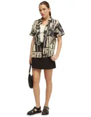 [Oxford] Jasmine Printed Short Sleeve Shirt in Black/Stone
