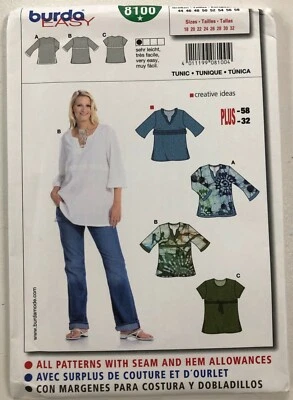 NEW- Burda Style Sewing Pattern 8100 Womens Size 18-32 Top Blouse Top T-Shirt