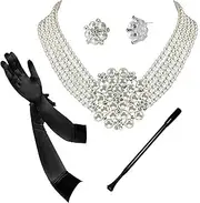 [ROFIFY] Vintage Necklace,Earrings, Long Black Holder, Black Opera Gloves 1920s Gatsby 4 piece Costume Jewelry accessories Set Audrey Hepburn Inspired Breakfast at T's