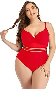 [GDYJP] Women's One Piece Swimsuit Plunge V Neck Monokini Sexy Low Back Mesh Swimwear Bathing Suits (Color : Red, Size : Large)