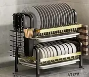 Harmony House 2-Tier Dish Drying Rack, Carbon Steel, with Drainage Shelves, Knife & Chopsticks Holders, Adjustable Feet