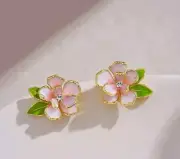 Cute Enamel Vintage Design Pink Flower Floral Studs Fashion Earrings set