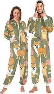 [ZZXXB] Corgi Dog with Flowers Onesie Pajamas for Adult Women Men Long Sleeves One Piece Onesies Hooded Sleepwear S - XL