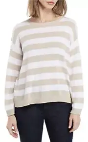 Eileen Fisher Linen Blend Striped Round Neck Box Top Sweater Tan White $258 Smal