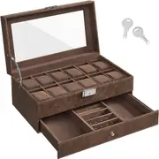 12-Compartment Watch Box with Glass Lid and Lock, 2 Levels, 1 Drawer, Brown PU Cover