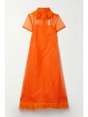[STAUD] STAUD - Suzanne Feather-trimmed Organza Midi Dress - Orange - x small x small Orange