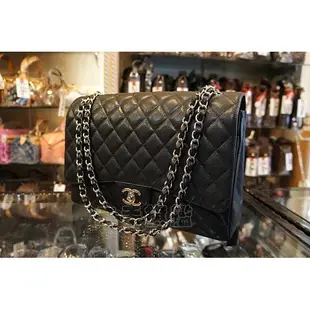 二手旗艦 全新商品 CHANEL 香奈兒MAXI JUMBO 33CM 黑色牛皮銀鍊COCO包(中友店)12501