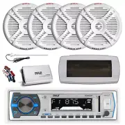 Pyle Bluetooth Marine Radio,Cover, Antenna,Amp w/Kit, 4x 7.7" 280W White Speaker