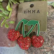 Fashion Cherry Drop Earrings Red Rhinestones Post Backs