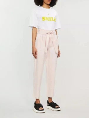 Sandro Paris 42 Tod Belted Cotton Linen Twill Tapered Paperbag Pants RoseNWT