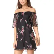 BB Dakota Lacole Dress Women's XS Mini Shift Off Shoulder Floral Embroidered