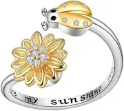 [OIDIMS] Sunflower Ladybug Fidget Anxiety Ring for Women You Are My Sunshine Silver Plated Spinning Spinner Stress Relief Open Adjustable Stacking Band Daisy Cubic Zirconia Jewelry Gift Birthday Daughter,