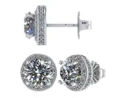 Platinum Plated Sterling Silver Round Halo Stud Earrings With 3.5 CTTW Zirconia