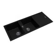 ARETE STONE Granite Kitchen Sink - 1160 x 500mm Double Bowl with Drainer - Black - Top/Under Mount