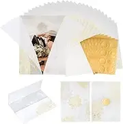 50 Pack Pre-Folded Vellum Jackets for 5x7 Invitations - Gold Foil Pattern - 115GSM Paper - Wedding Invitation Wraps - Transparent Jacket (56pcs Stickers)
