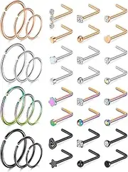 [Briana Williams] 20g Nose Rings Studs L Shape Nose Screw Surgical Stainless Steel Nose Rings Hoop Diamond Heart Hypoallergenic Nostril Nose Piercing Jewelry for Women Men Silver Rose Gold Black Rainbow