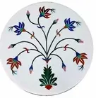 Multicolor Stone Inlay Work Patio End Table Round White Marble Coffee Table Top