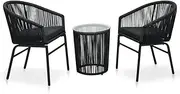 vidaXL 3-Piece Bistro Set in Black PE Rattan, Weather Resistant Outdoor Lounge Set with Cushions, Glass Tabletop, Ideal for Patio, Garden and Terrace