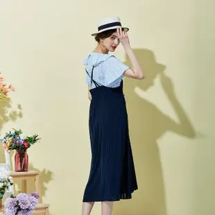 【MASTINA】高腰條紋吊帶-女長裙 條紋 深藍 黑(二色/版型適中)