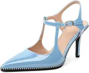 [Sammitop] Womens High Heels Pointed Toe Ankle Strap Pumps Silver Beaded T-Strap Stilettos Sexy Heeled Office Wedding Dress Shoes 3.5 Inch