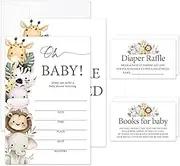 Oh Baby Shower Invitation Cards With Envelopes, Diaper Raffle Tickets & Book Request Cards, Safari Animals Jungle Baby Shower Invitations Gender Neutral For Boys/Set10