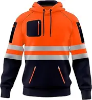 [TORO ACTIVA] Mens Hi Vis Work Wear Pullover Hoodie Safety Sweatshirt Reflective Tape High Viz Hoodie High Visibility Sweatshirt Top Multi Zipper Pockets S-2XL