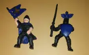 Set of 2 knights, figures in black and blue armor, blue banner, shield, sword