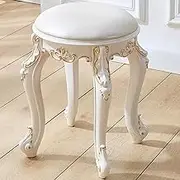 Vintage Vanity Stool with Padded Seat and Plastic Steel Legs Round Makeup Chair for Dressing Room Living Room or Bedroom White/Gold Elegant and Stylish Addition to Your Home Decor