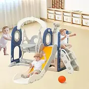 Aerlife Kids Slide and Swing Set, 8 in1 Toddler Slide Playset with Adjustable Swing and Dining-Plate, Telescope, Music Player, Basketball Hoop and Climb Stairs Kids Playset Indoor Outdoor Playground