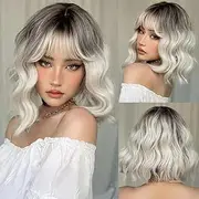 12 Inch Short Bob Wavy Wig with Bangs Women's Shoulder Length Curly Wavy Wig with Bangs Synthetic Wigs for Daily Cosplay (7)