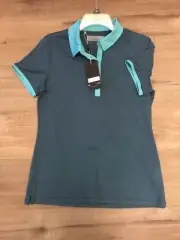 Womens NWT UNDER ARMOUR Medium Golf Polo HeatGear UPF 50 Blue pin striped Spieth