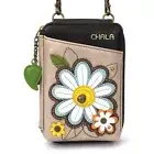 NEW CHALA BROWN TAN BLUE DAISY FLOWER ZIPPERED CROSSBODY WALLET FAUX LEATHER