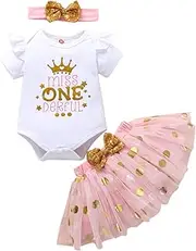 [ATCTBOGFS] Baby Girls 1st First Birthday Outfits Cotton Romper TuTu Skirt Set with Sequins Bowknot Headband 3Pcs