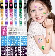 AIRNOGO Glitter Tattoo Pens Children's Set: 6 Colours, 86 Designs, 9 Stencils, 2 Sheets, 330 Glitter Stones, Face Stickers, Temporary Tattoos for Kids, Water Resistant, Multi-pattern, Ages 3+