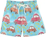 [RPLIFE] Boys Beach Shorts, Anti Chafe Swim Trunks Boys 2 T, Whimsical Cartoon Cars Blue