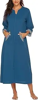 [Ekouaer] Women Zipper Robe 3/4 Sleeves Loungewear Dress Full Length Sleepwear Pockets Housecoat Nightgown Long Bathrobe