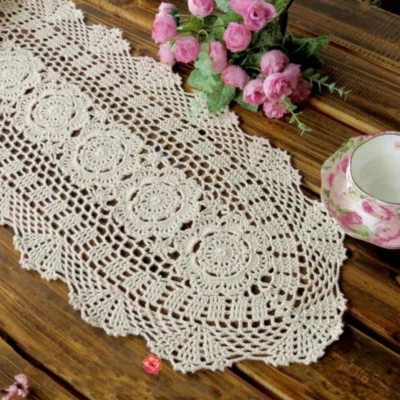 Handmade Crochet Cotton Lace Table Runner Hollow Tablecloth Doily Table Runner