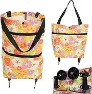 Folding shopping bag, supermarket trolley with rubber wheels Oxford cloth, reusable, large capacity ultra-light portable shoulder backpack, shopping bag home essential (Orange flowers)