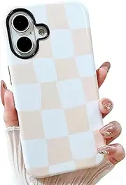 MINSCOSE Checkerboard Phone Case for iPhone 16,Cute Aesthetic Checkered Pattern Design,Slim Thin Hard Plastic Soft Silicone Cover for Women Girls for iPhone 16 6.1inch-White
