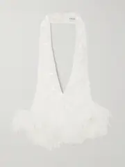[16ARLINGTON] 16ARLINGTON - Salina Feather-trimmed Embellished Tulle Halterneck Top - White - UK 6 UK 6 White