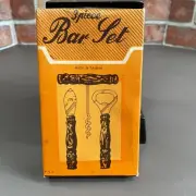 Vintage 3 Piece Bar Set. Can Opener, Corkscrew, Bottle Opener. Wood Handles.