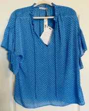ALICE + OLIVIA Blouse Julius Ruffle Sleeve Peasant Boho Blue Sheer NWT SZ L