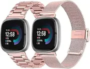 TRUMiRR Bracelet Sets Replacement for Fitbit Versa 4 / Sense 2 Copper Rose Women Solid Stainless Steel Bracelet + Mesh Metal Watch Strap for Fitbit Versa 3 / Sense