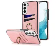 Full Protection Cover for Samsung Galaxy S22 Plus, 2 Cards PU Leather Case with Ring Holder - Pink