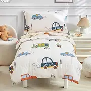 WONGS BEDDING Cars Toddler Bedding Set Cotton Soft Reversible Crib Bedding Set for Boys Girls,4 Pieces Includes Comforter,Flat Sheet, Fitted Sheet and Pillowcase
